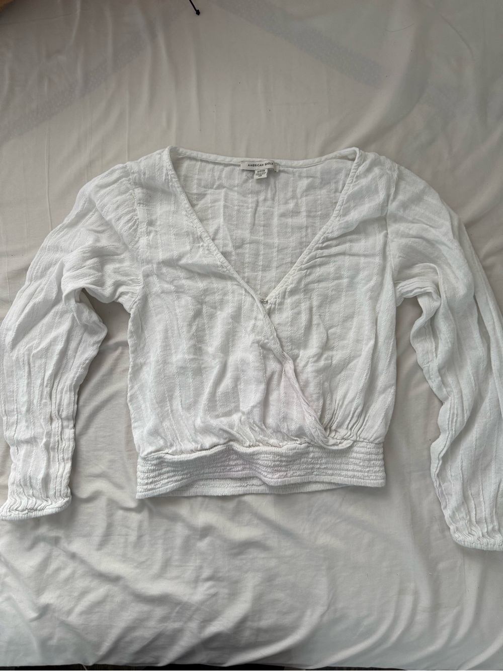 American Eagle Outfitters White Textured Wrap-Style Long Sleeve Top